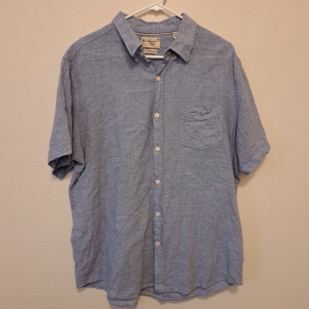 Weatherproof Vintage Mens XL Blue Washable Linen Cotton Short Sleeve Button Down